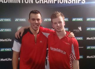 Denmark's Kim Astrup Sorensen (right)-Anders Skaarup Rasmussen pose for a picture after beating All-England defending champions Liu Xiaolong-Qiu Zihan of China in the doubles event on Thursday.